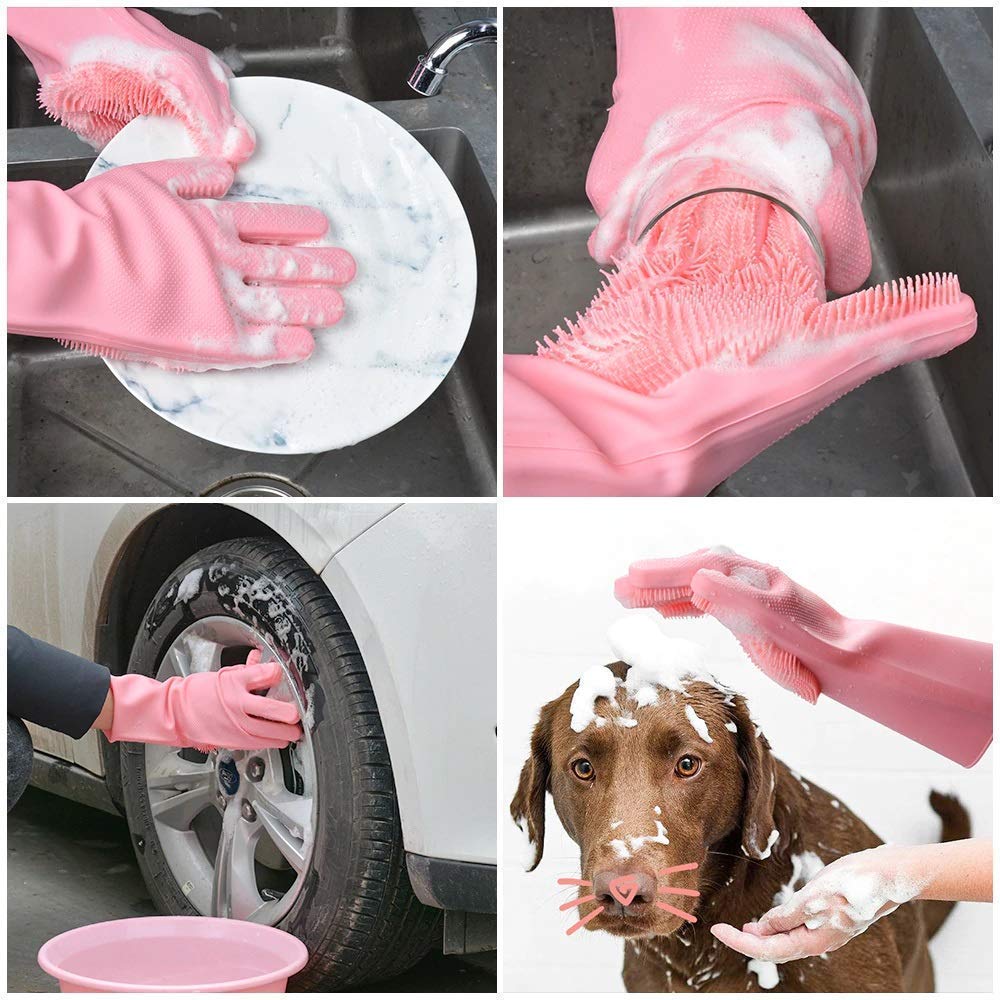 Buy 1 Get 1 - Magic Silicone Dish Washing Gloves, Silicon Cleaning Gloves, Silicon Hand Gloves for Kitchen Dishwashing and Pet Grooming, Great for Washing Dish, Car, Bathroom Multicolour, 1 Pair GenzVybs